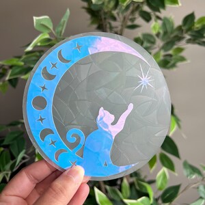 Cat and moon suncatcher sticker, window decal, window sticker, window film, Rainbow maker, celestial sticker, magical sticker, car decal image 4