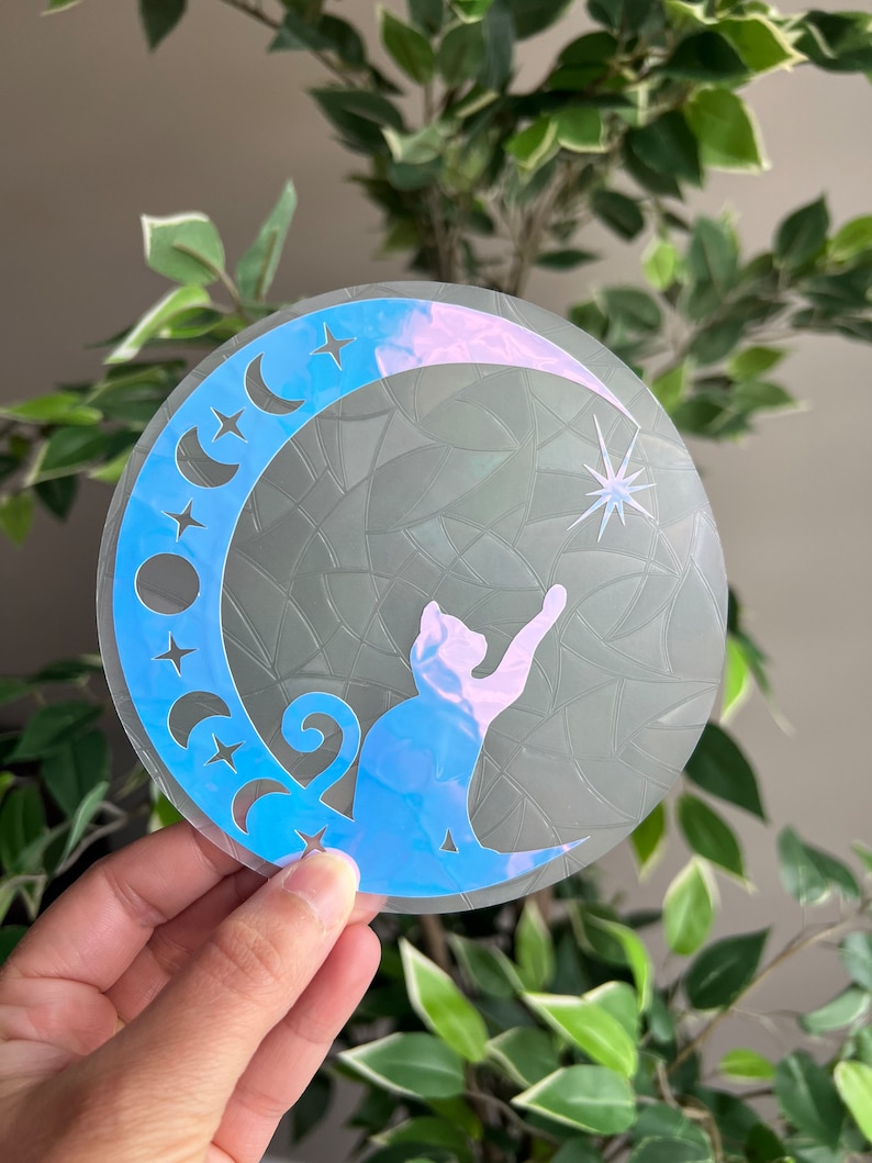 Cat and moon suncatcher sticker, window decal, window sticker, window film, Rainbow maker, celestial sticker, magical sticker, car decal image 4