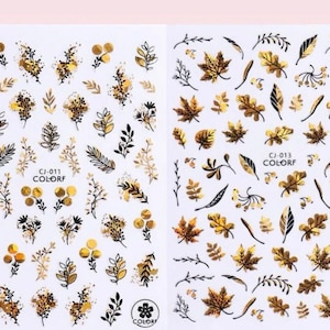 Floral nail decals, nail art, gold nail stickers, leaves nail decals, nail stickers sheet, Boho nail stickers, wildflowers nail decals