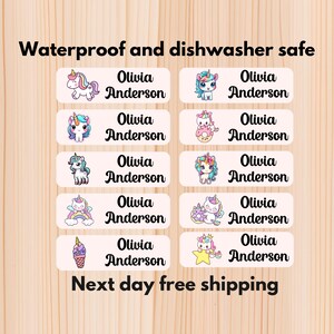Einhorn wasserfeste Kita-Etiketten, spülmaschinenfeste Aufkleber, Namensaufkleber, Schulbedarf, Namensetiketten, benutzerdefinierte Etiketten, Wasserflaschenetiketten