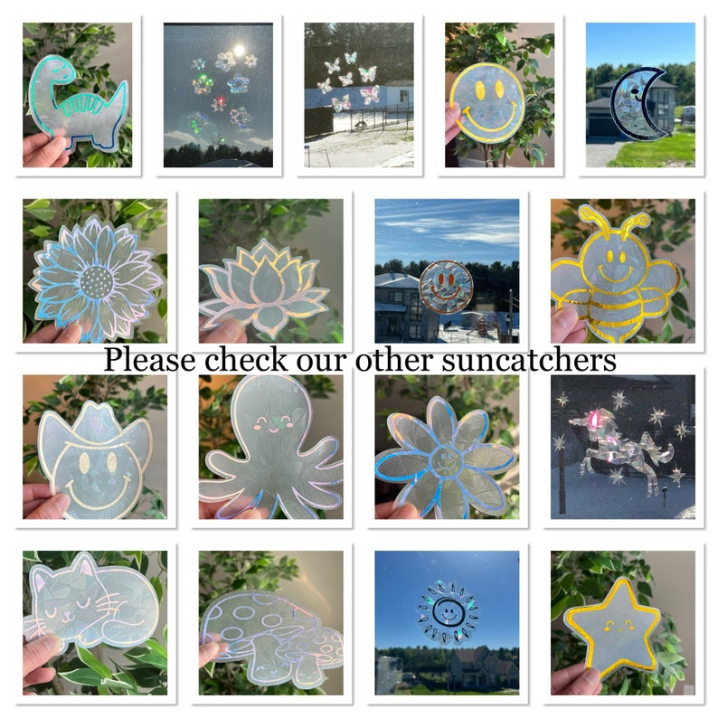 May include: A collection of iridescent holographic suncatchers featuring various designs, including a sunflower, a lotus flower, a bee, an octopus, a mushroom, a star, a cat, a dinosaur, a unicorn, and a smiley face.