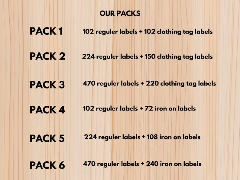 May include: Image of a wooden background with text listing six packs of labels. Pack 1 includes 102 regular labels and 102 clothing tag labels. Pack 2 has 224 regular labels and 150 clothing tag labels. Pack 3 includes 470 regular labels and 220 clothing tag labels.