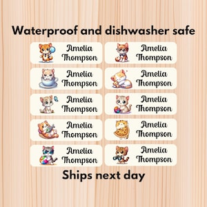 Cats Waterproof Daycare Labels, Dishwasher Safe Stickers, Name Sticker, School Supply, Name Labels, Custom Labels, Water bottle labels