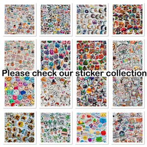 May include: A collection of colorful stickers with various designs, including smiley faces, plants, crystals, and holiday themes. The text "Please check our sticker collection" is displayed in black font.