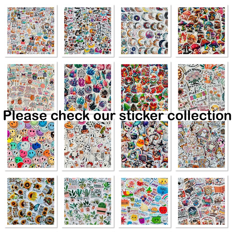 May include: A collection of colorful stickers with various designs, including smiley faces, plants, crystals, and holiday themes. The text "Please check our sticker collection" is displayed in black font.