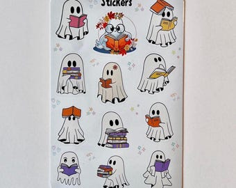 Reading Ghosts Sticker Sheet | Cute Bookish Ghost Stickers | Fall Halloween Planner Stickers | Waterproof Vinyl Laptop Journal Decals