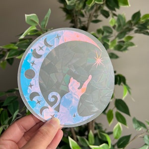 Cat and moon suncatcher sticker, window sticker, window film, Rainbow making sticker, Magical celestial sticker, Light catching decal