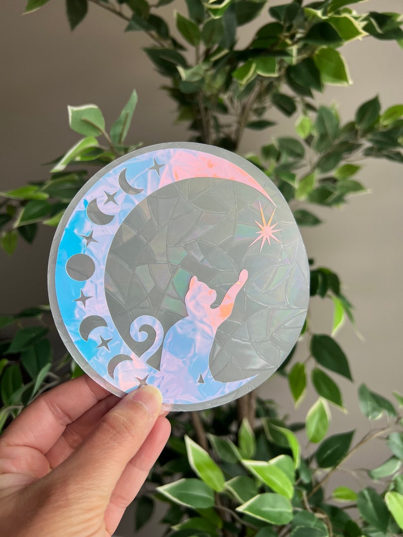 Cat and moon suncatcher sticker, window decal, window sticker, window film, Rainbow maker, celestial sticker, magical sticker, car decal image 1