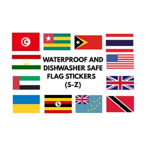 Peut inclure: Autocollants de drapeaux imperméables et lavables au lave-vaisselle. L'image présente des drapeaux de Tunisie, du Togo, du Timor oriental, de la Thaïlande, du Tadjikistan, des Émirats arabes unis, de l'Ukraine, de l'Ouganda, de Tuvalu, du Royaume-Uni, de Trinité-et-Tobago et des États-Unis.