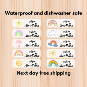 Regenbogen Wasserdichte Etiketten für die Kindertagesstätte, spülmaschinenfeste Aufkleber, Namensaufkleber, Schulbedarf, Namensetiketten, benutzerdefinierte Etiketten, Wasserflaschenetiketten