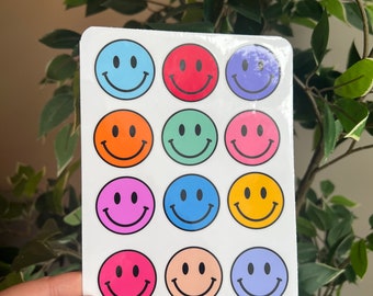 Smiley face sticker sheet, Vinyl glossy kids birthday sticker, happy face party theme, skateboard sticker, waterproof stickers, water bottle