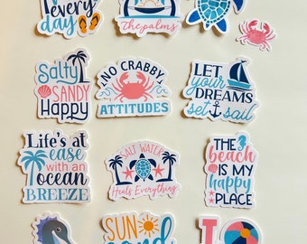 Pack of 13 Summer vibes stickers, Vinyl glossy vacation beach stickers, Water bottle stickers, tumbler stickers, good vibes stickers