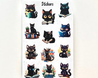 本を読む黒猫のステッカーシート：防水ビニールステッカー