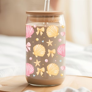 Summer seashells Libbey Can Glass, Summer Iced Coffee Glass can, Gift For her, Christmas Libbey glass cup, Glass Cup With Lid and Straw