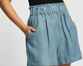 Linen Women Short / Lounge Shorts / Elastic Waist Summer / High waist Skorts For Women / Shorts with Pockets / Customized Tailor Made Shorts