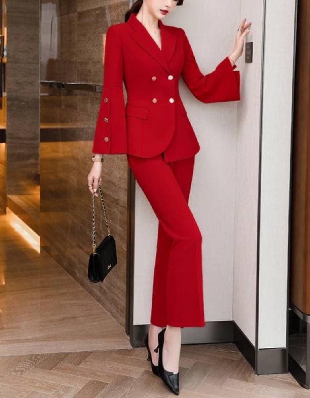 Flare Sleeve Blazer With Wide Leg Trouser Suit Two Pieces Set - Etsy