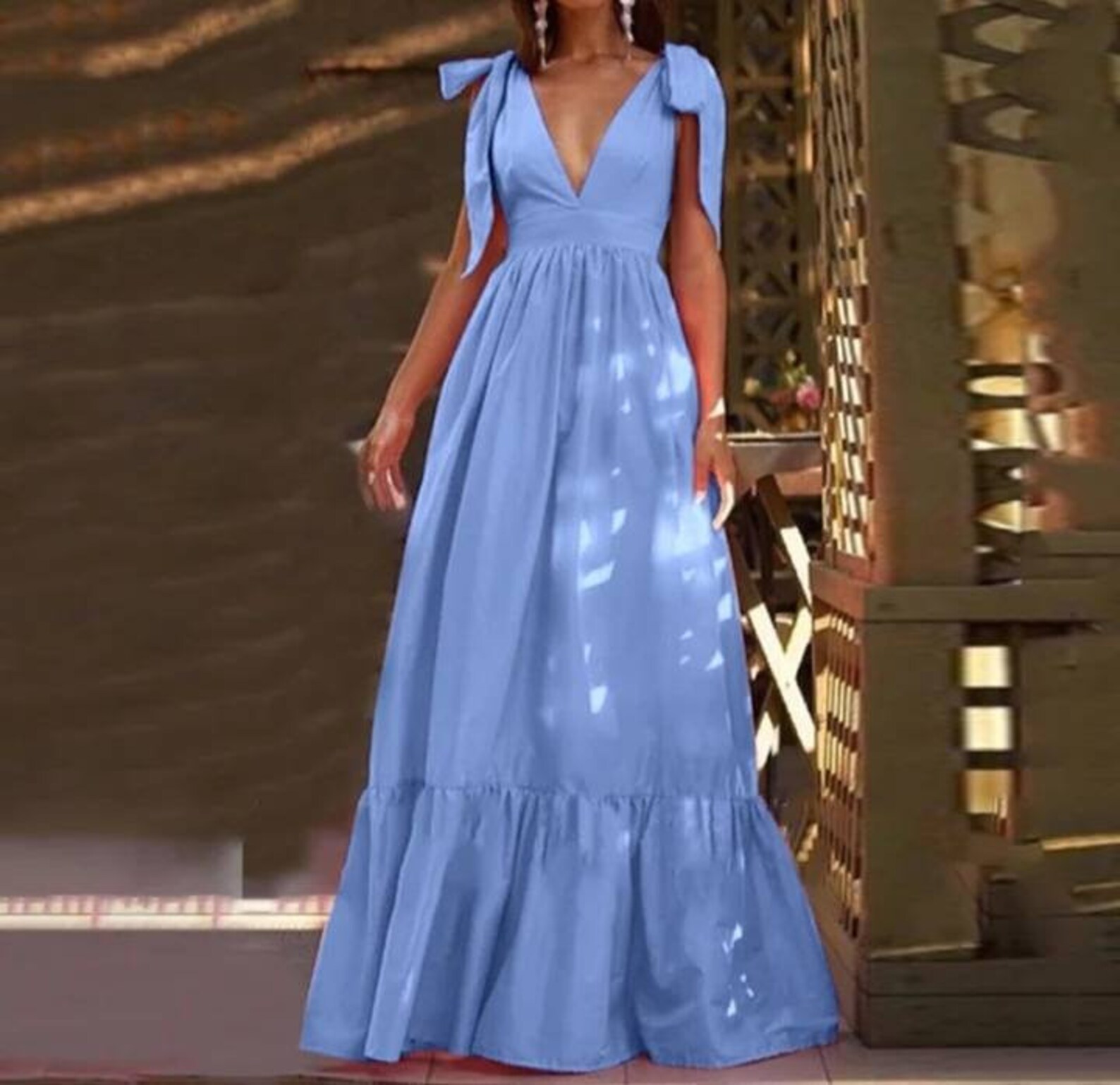 Maple Leaf Print Deep V-Neck Ruffle Long Dress