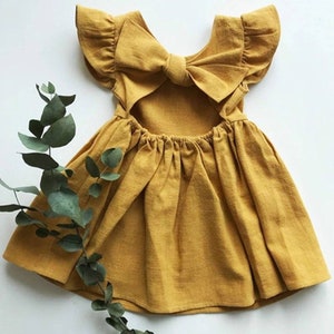 Linen Children Summer Clothing Back bow tie dress Toddler Girls Party baby clothes sundress kids frocks solid Gown Customizable Tailor made