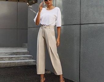 Solid High waist lady trousers Loose casual Summer Women pants with Pockets Customized Tailor Made Bottoms Gift for her Pleated Pants