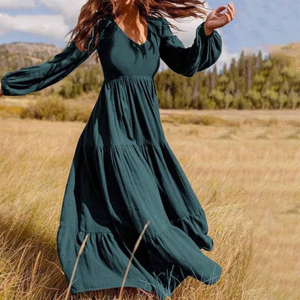 Stylish Ruffle Maxi Dress Casual Puff Sleeve Tunic Vestidos Female Solid Robe Women's Autumn Sundress Pleated boho Dress Splice Long gowns