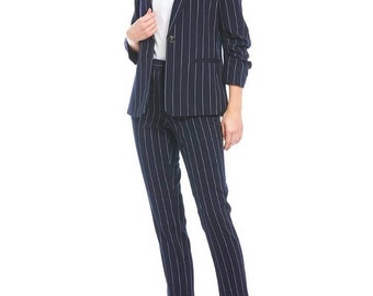 Women Striped blazer with pant 3/4 Ruched sleeves business ladies work for women Jacket and Ankle high rise pant Tailor made Formal suit