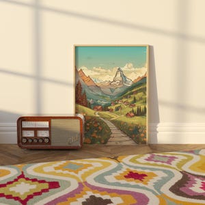 Swiss Alps Travel Art Print - Matterhorn & Mountain Village Illustration