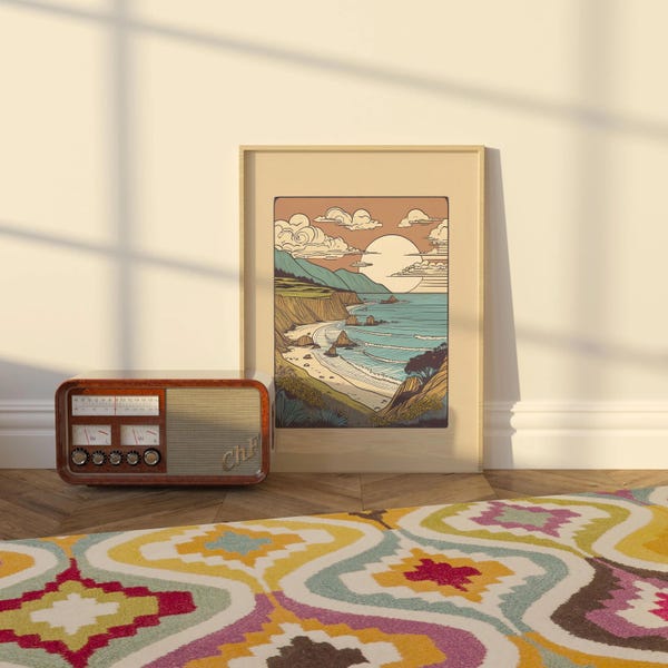 Lámina artística de Big Sur, California - Póster retro de viaje costero / Decoración de pared de los acantilados de California, regalo de la costa de Monterey