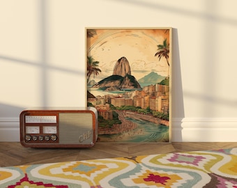 Rio de Janeiro Vintage Travel Poster Sugarloaf Mountain and Copacabana Beach Illustration