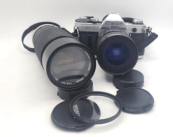 Canon AE-1 SLRフィルムカメラ（Vivitarマクロフォーカスズーム75-300mm f4.5-5.6、Kiron Kino Precision Japan 28-70mm f/3.5-4.5 MACRO 1:4レンズ搭載）