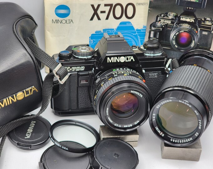 Minolta X700 35mm Camera MD 50mm F/1.7, Gemini 80200mm Lenses, Caps