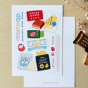 Postal de recuerdos de Tokio / Linda ilustración de refrigerio japonés, regalo de viaje kawaii a Japón, papelería estética de Tokio, impresión artística gastronómica