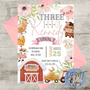 Three-I-E-I-O Birthday Party Invitation, Third Birthday, Old McDonald Birthday Party, Farm Birthday Party, 3rd Birthday, E-I-E-I-O