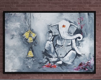 Ganpati-schilderij, god Ganesha-schilderij op canvas, wanddecor, grote Ganesha-kunst, portiekinrichting, moderne Ganesha-schilderij