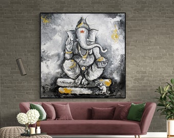 textured Ganesha painting ,divine Ganesha , white grey Ganesha painting , lord Ganesha wall art, Vidic art  original Ganpati painting