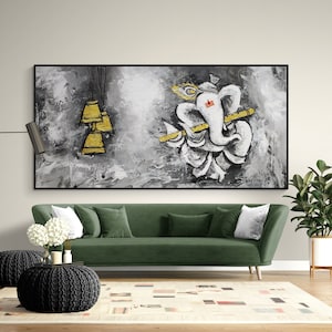 textured Ganesha painting ,divine Ganesha playing flute , black &white lord Ganesha wall art, Hindu art Ganpati painting