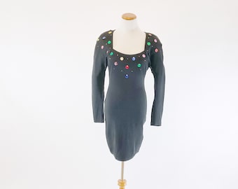 Ultimate 80s Black dress with colorful sparkly rhinestones and paillettes.