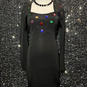 Ultimate 80s Black dress with colorful sparkly rhinestones and paillettes.