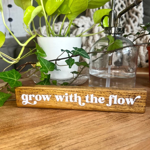 Grow With The Flow Mini Wood Sign | Plant Lover Mini Sign | Botanical Table Decor | Boho Chic Decor | Retro Style Decor | Tiered Tray Decor