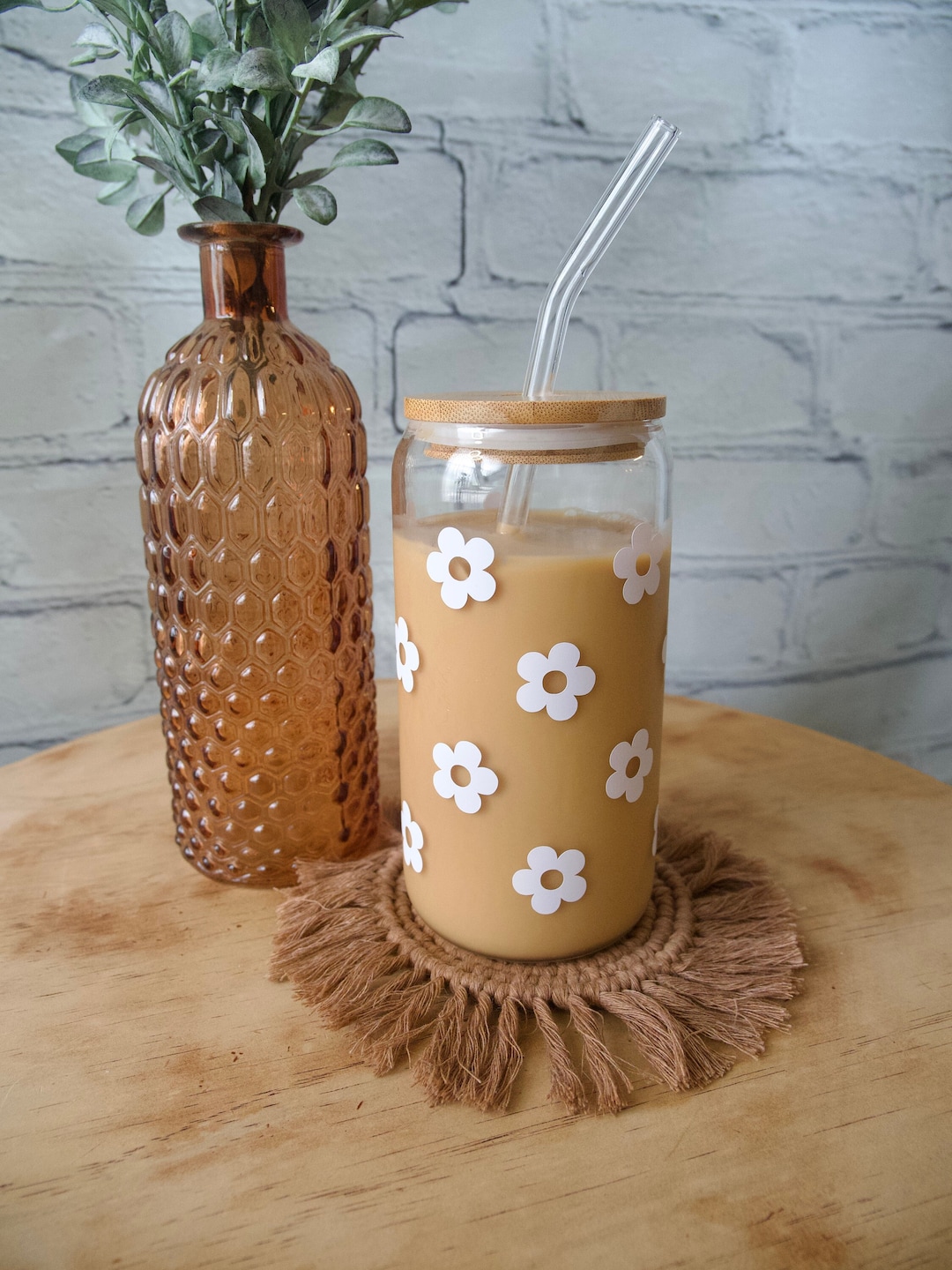 Daisy Glass Can | Iced Coffee Glass With Bamboo Lid | Floral Iced Tea ...