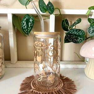 Mushroom Glass Can | Fungi Theme Iced Coffee Glass Bamboo Lid | Outdoors Iced Tea Glass | Fairy Garden Coffee Glass | Glass Tumbler