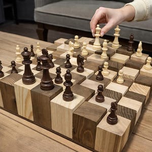 Puede incluir: Un juego de ajedrez de madera &uacute;nico con un dise&ntilde;o escalonado. Las piezas del ajedrez son de colores contrastantes, con tonos de madera claros y oscuros. Una mano coloca una pieza blanca en el tablero. El tablero est&aacute; sobre una mesa de madera.