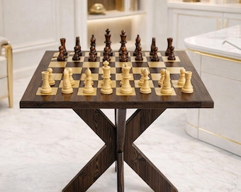Wooden Chess Set with Inlay Board – Rustic X-Leg Side Furniture with Pieces