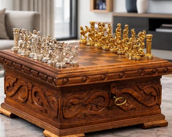 Hand Carved Walnut Chess Set, Lockable Storage Box, Roman Pieces, Luxury Gift