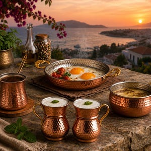 Handmade Hammered Copper Breakfast Set 5 Piece Turkish Kitchen Set with Frying Pan, Coffee Pot, Sauce Boat & Cups