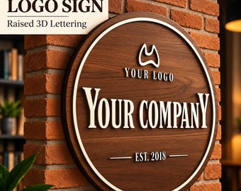 Personalized Wooden Logo Sign, Custom Round Business Sign, Raised 3D Lettering, Office Reception Decor