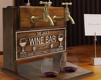 Personalized Wooden Wine Dispenser, Double Tap Pine Stand with Raised Name, Home Bar Wine Lover Gift for Men