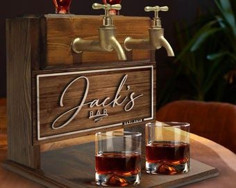 Personalized Double Tap Whiskey Dispenser, Custom Bar Name, Pine Wood Bar Gift