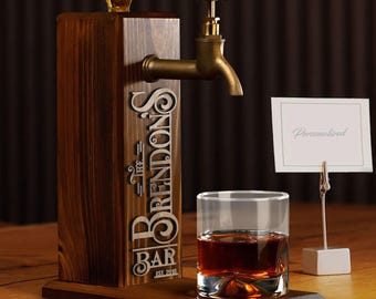 Personalized Whiskey Dispenser, Custom Bar Name, Pine Wood Liquor Gift for Dad
