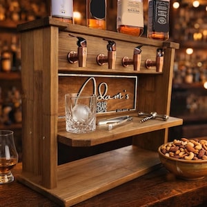Personalized Whiskey Dispenser Stand with 4 Taps – Custom Name Wooden Liquor Dispenser – Home Bar Decor