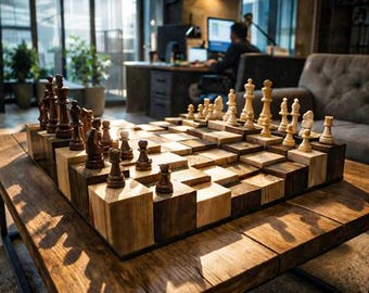 Handmade 3D Wooden Chess Set, 40 cm Raised Board, Natural Spruce Chessboard, Game Room Decor